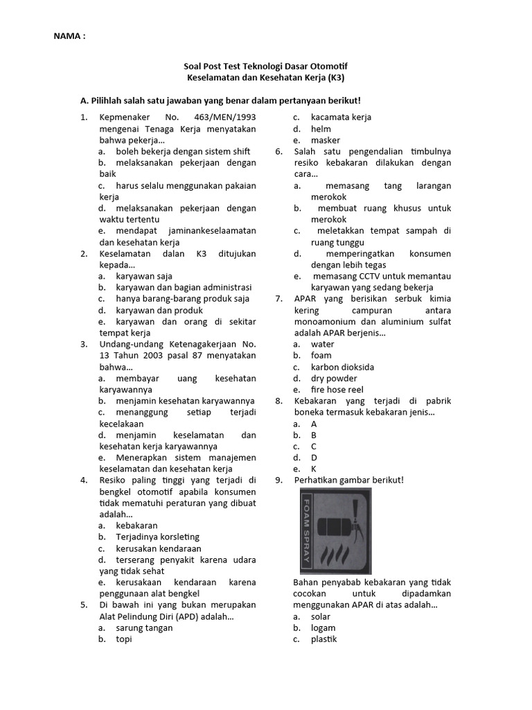Soal Post Test K3 X Tkro Pdf