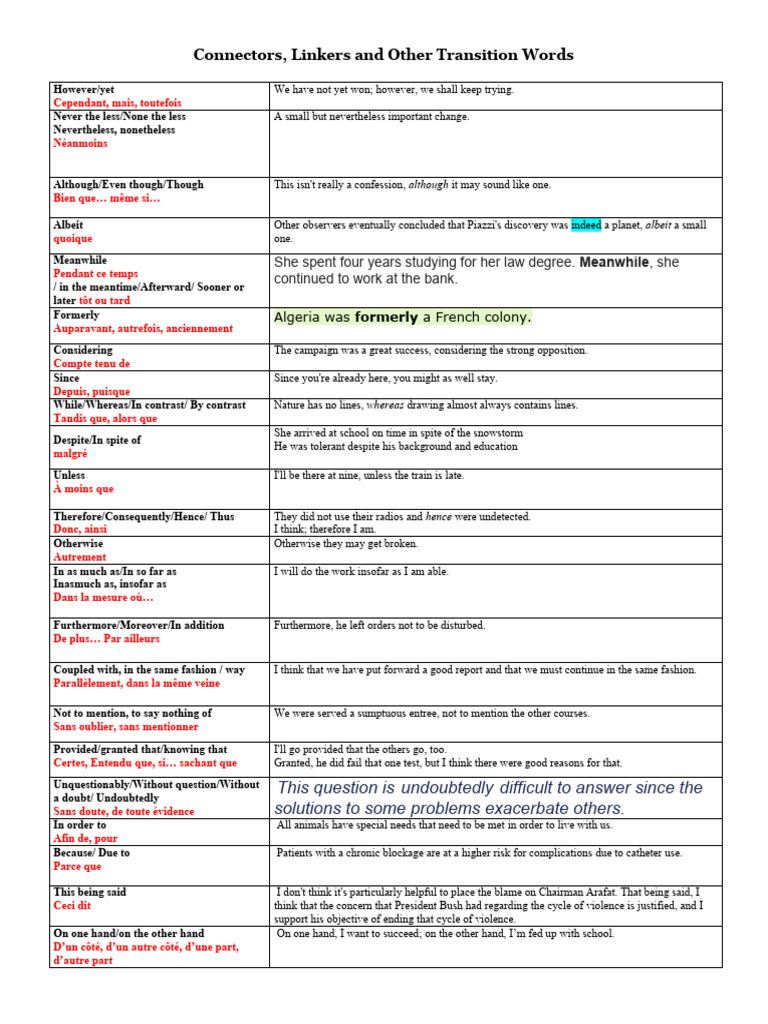 Connectors Linkers ANSWERS | PDF