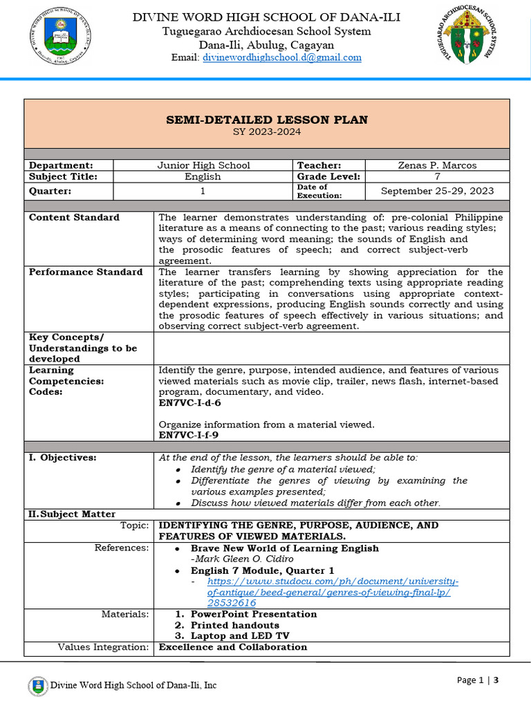 Week 3 Lp Grade 7 Pdf Genre Learning
