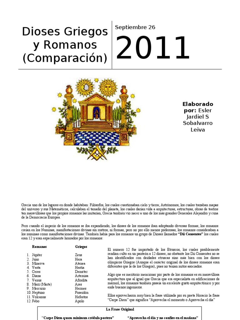 Dioses Romanos y Griegos Comparacion