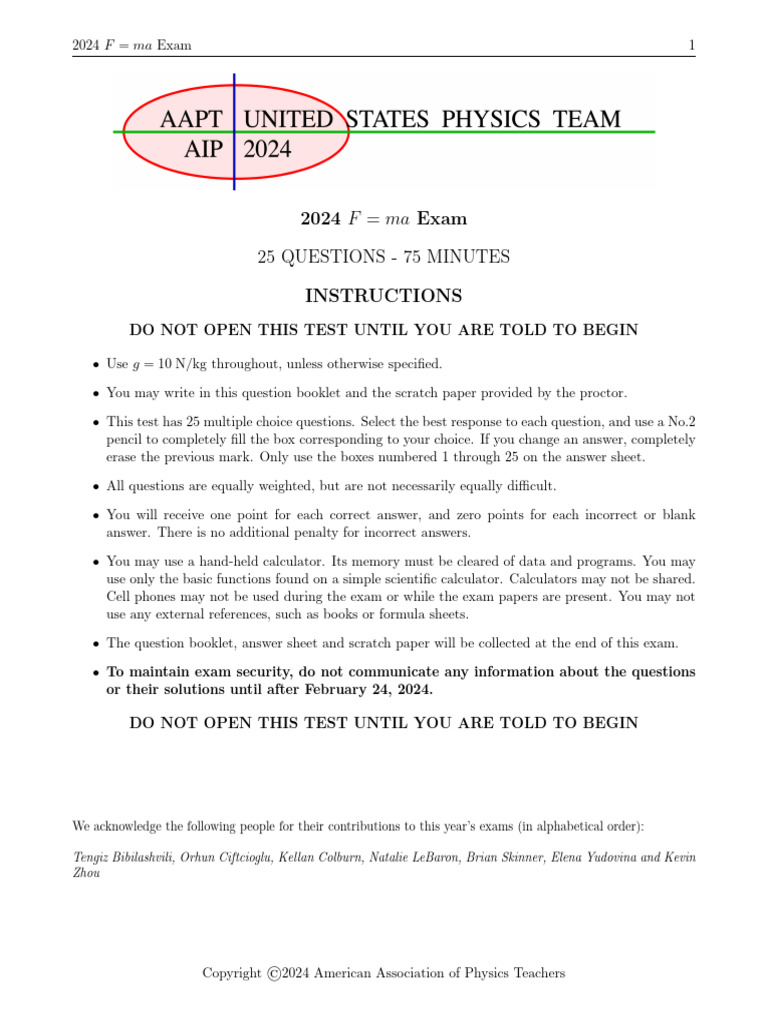2024 FMa Exam SecureUnlocked PDF Tension (Physics) Orbit