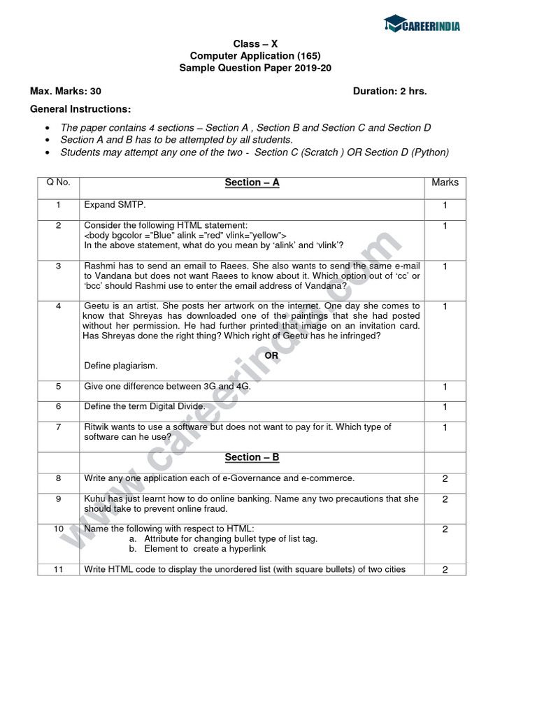 CBSE Class 10 Computer Application Sample Question Paper 2019-20 | PDF ...