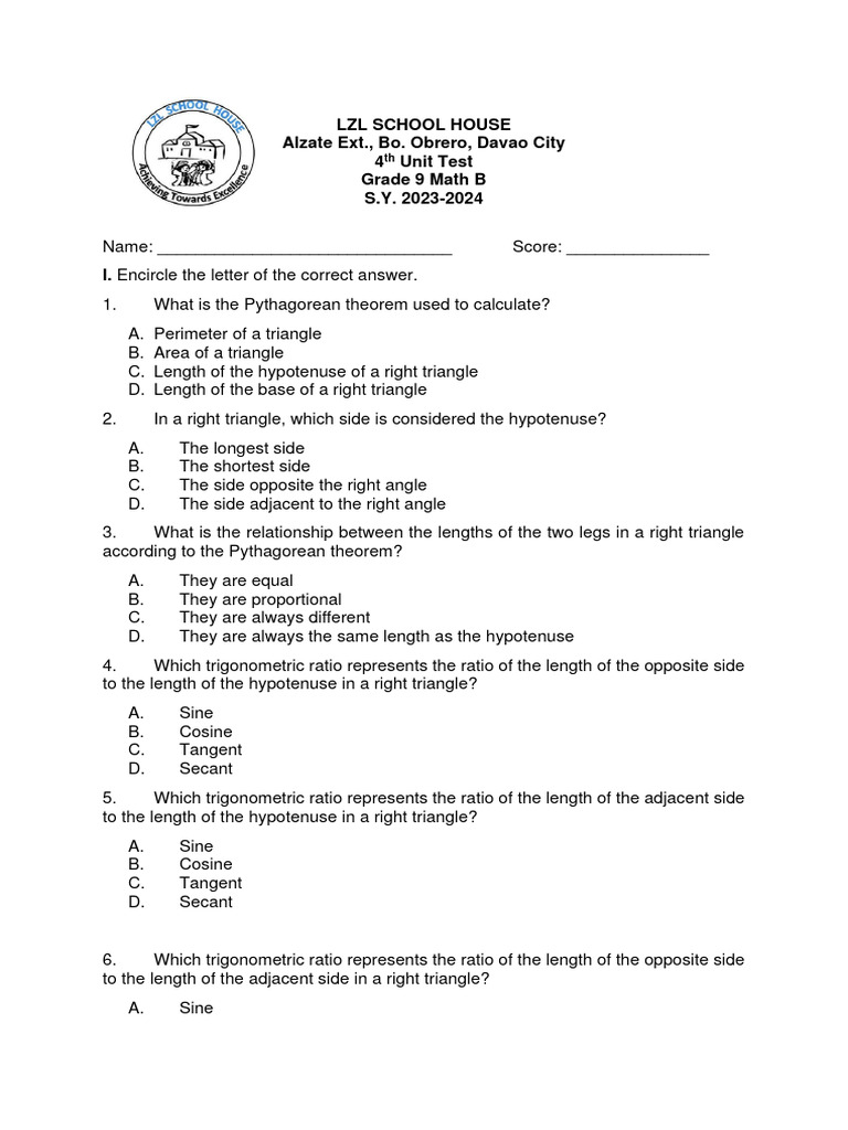 Grade 9 Math Test: Pythagorean & Trigonometry | PDF | Trigonometric ...