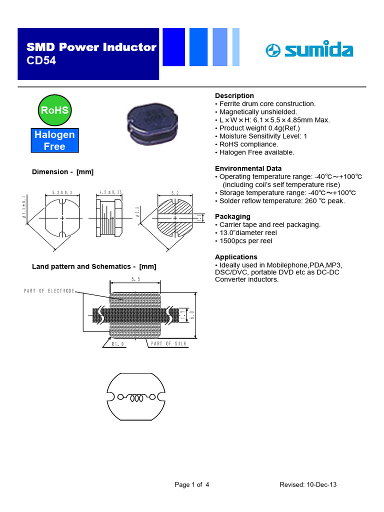 CD54 Surface Mount Power Inductor | PDF | Inductor | Inductance