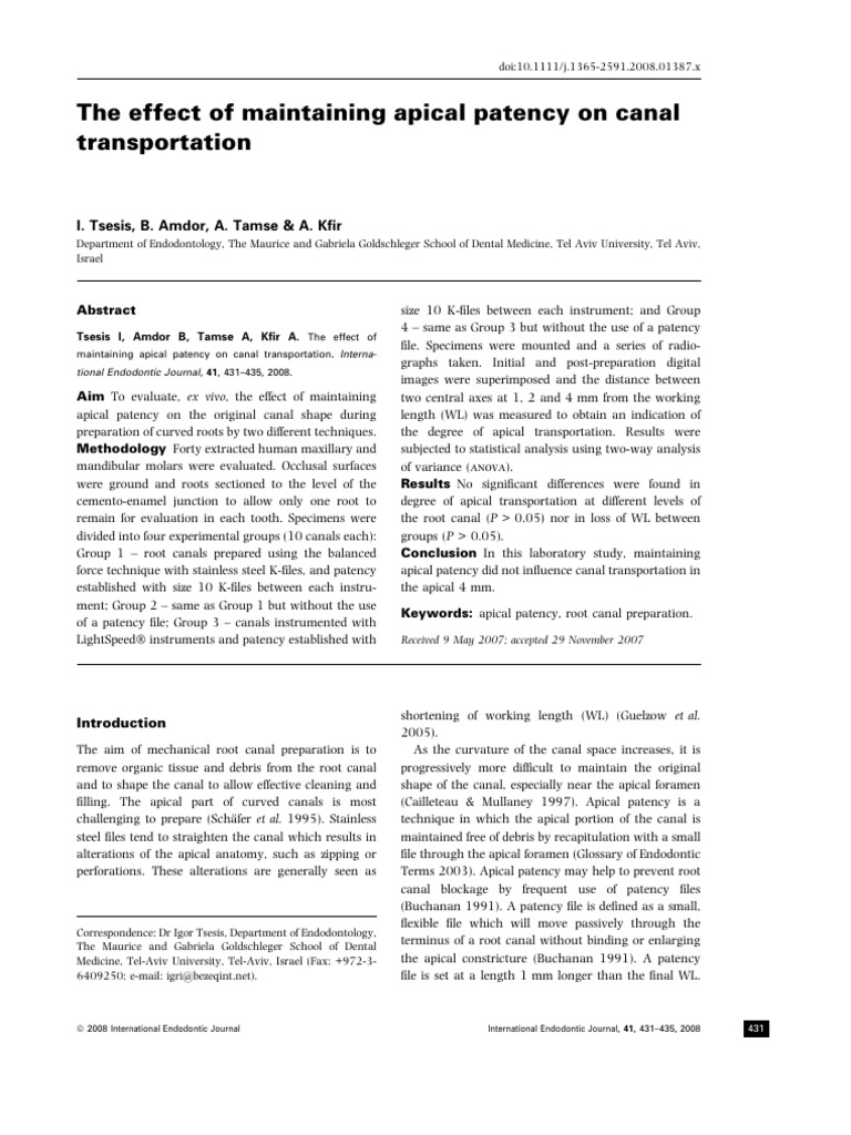 The Effect of Maintaining Apical Patency On Canal | PDF | Dentistry ...