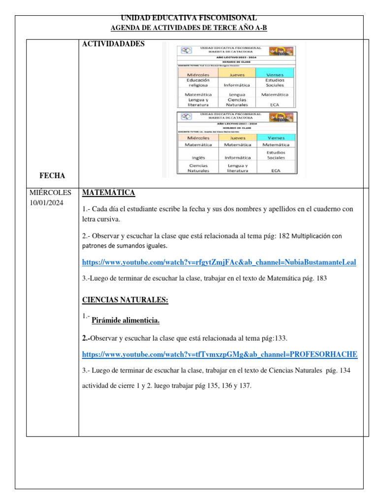 Actividades Semanales Tercero A-B 2024 | PDF | Artes del Lenguaje y ...