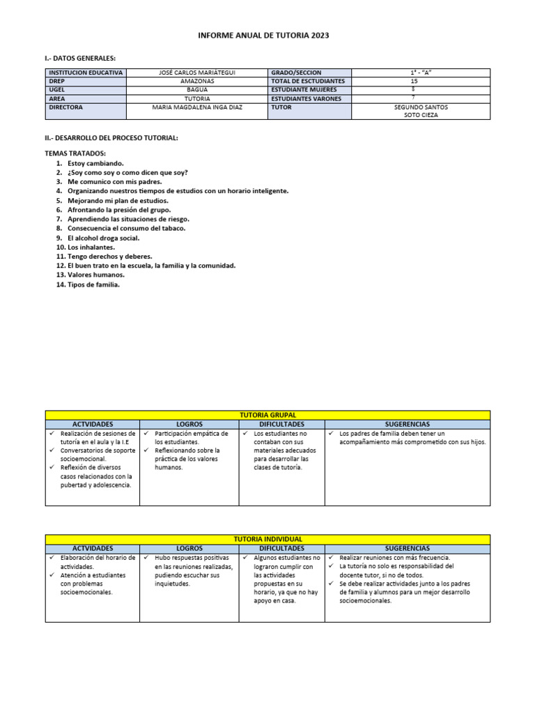 Informe Anual de Tutoría 2023 | PDF | Aprendizaje