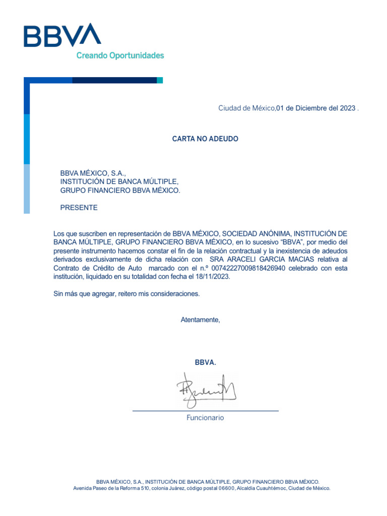Carta de No Adeudo BBVA | PDF
