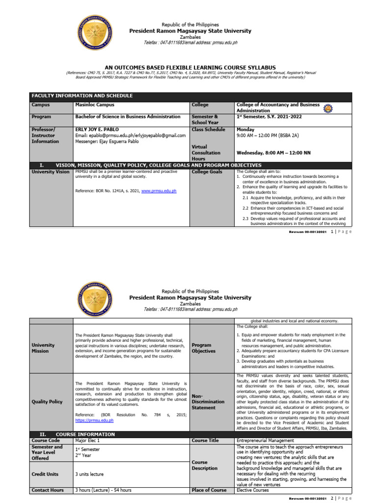 Flexible Learning Syllabus for BSBA Program | PDF | Entrepreneurship ...