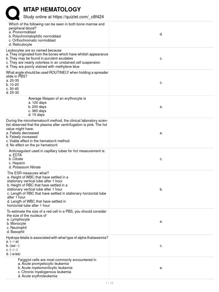 Hematology Quizlet Pdf