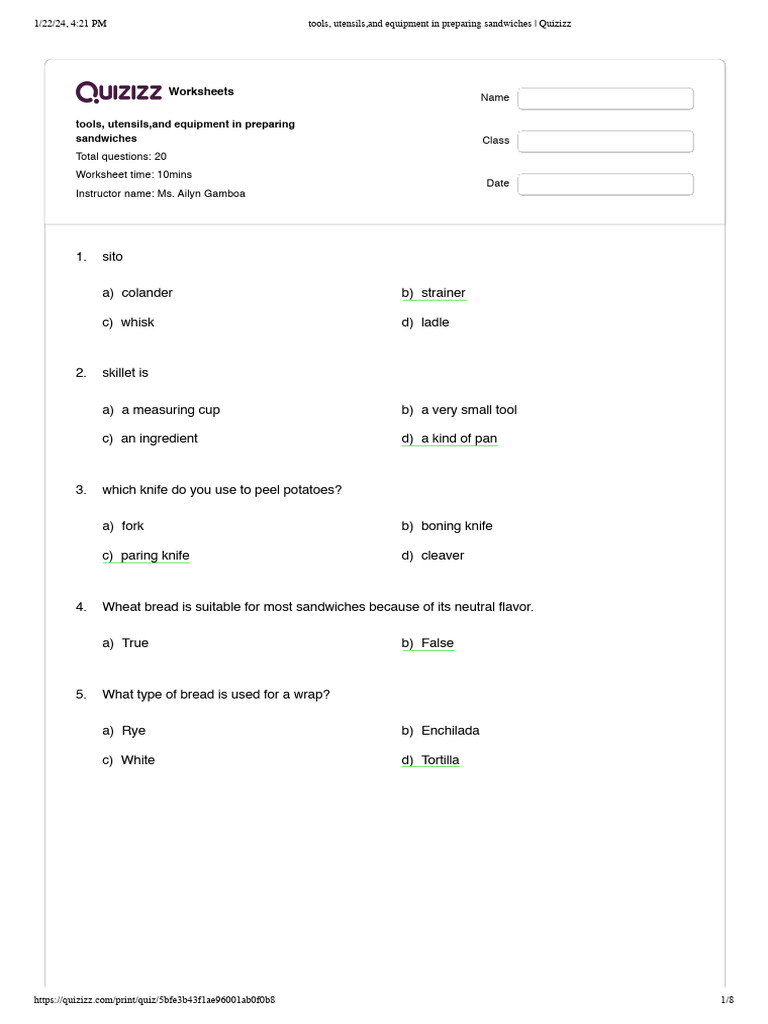 3rd 1. Tools, Utensils, and Equipment in Preparing Sandwiches Quizizz