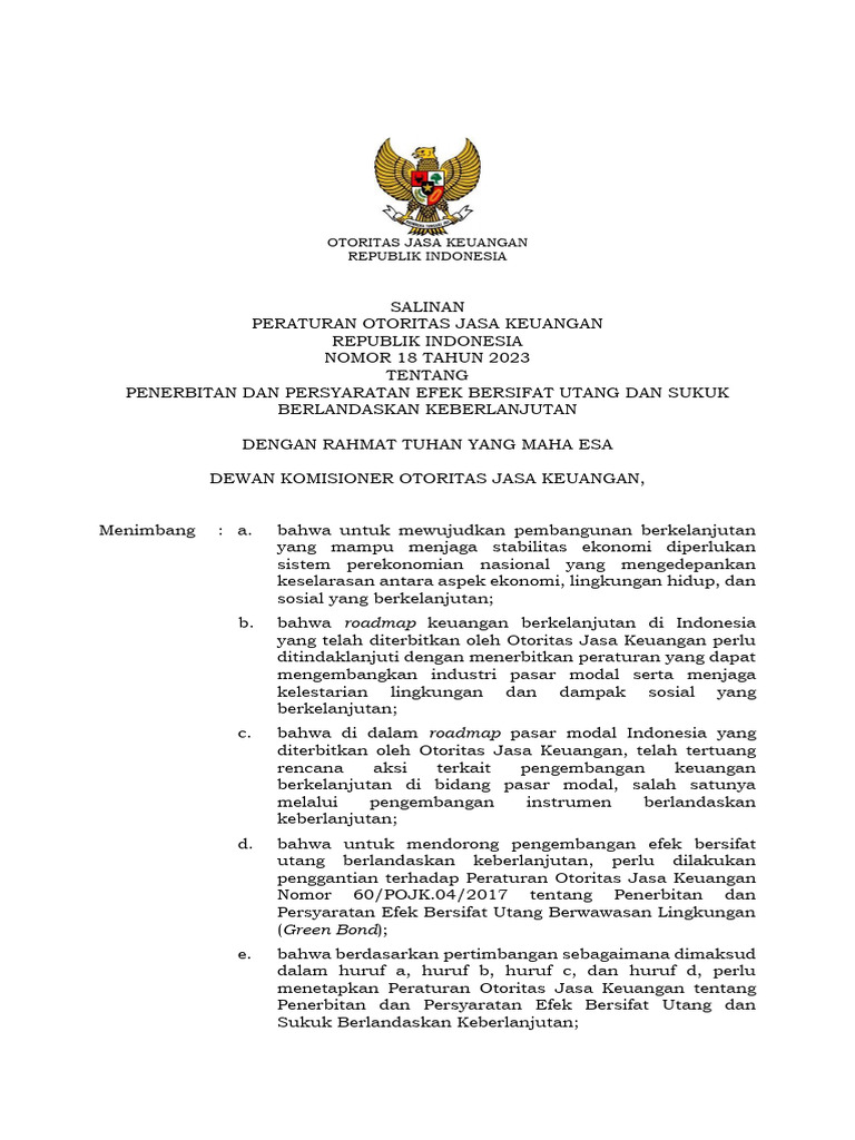 POJK 18 Tahun 2023 - Penerbitan Dan Persyaratan Efek Bersifat Utang Dan