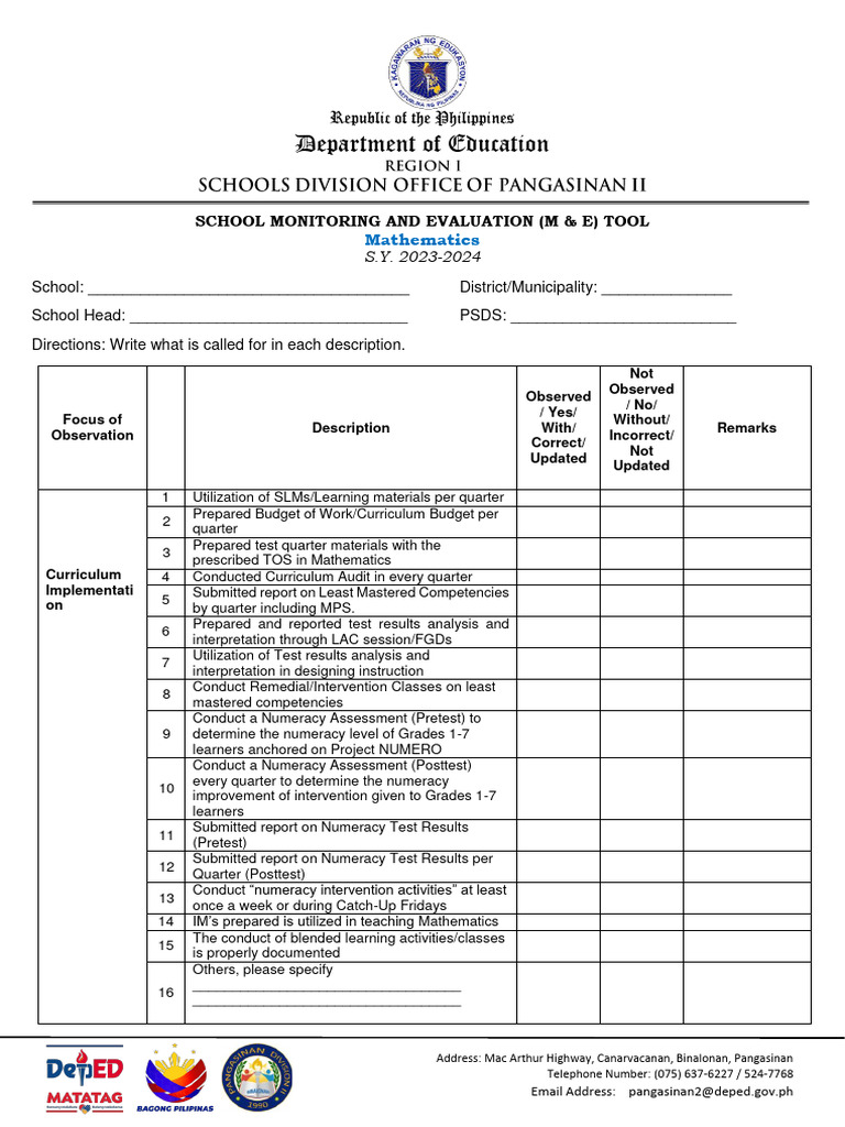School Monitoring Tool for Mathematics | PDF