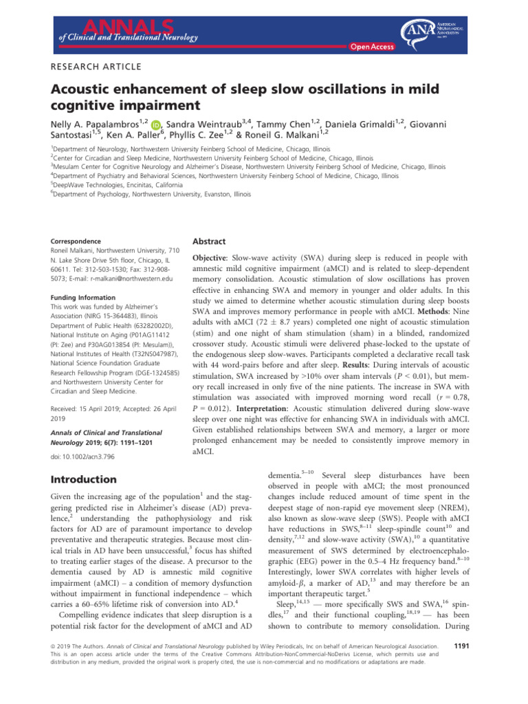 Acoustic Enhancement of Sleep Slow Oscillations in Mild Cognitive ...
