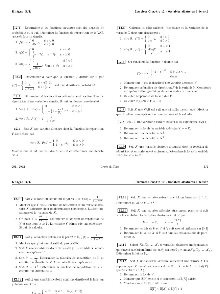 Exercices sur les variables aléatoires à densité | PDF | Espérance ...