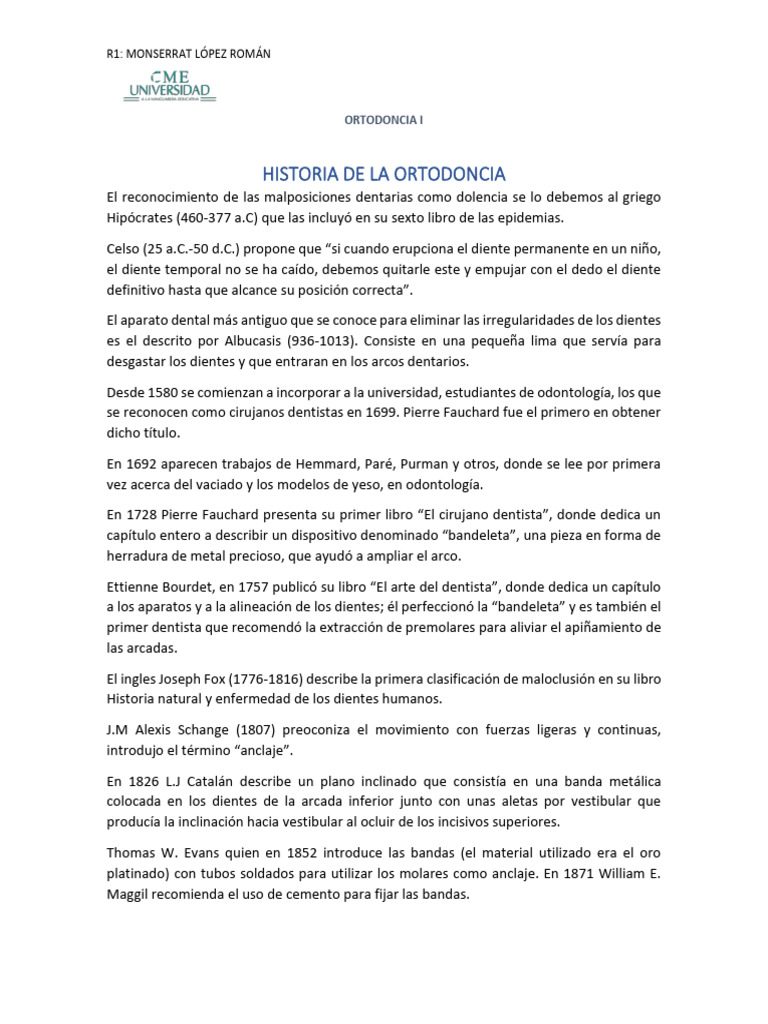 Historia de La Ortodoncia. Monserrat Lopez Roman | PDF | Ortodoncia ...