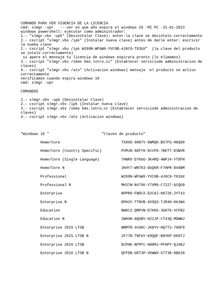 Comandos para activar windows 10 pdf