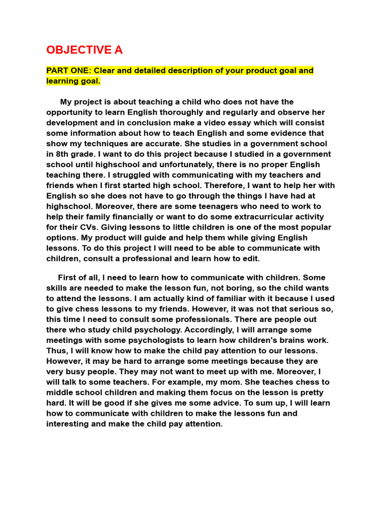 Personal Project Objective A Last Last Version | PDF | Teachers ...