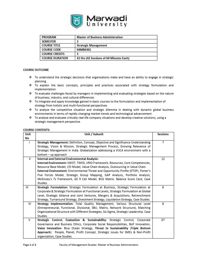 MBA Strategic Management Course Outline | PDF | Strategic Management ...
