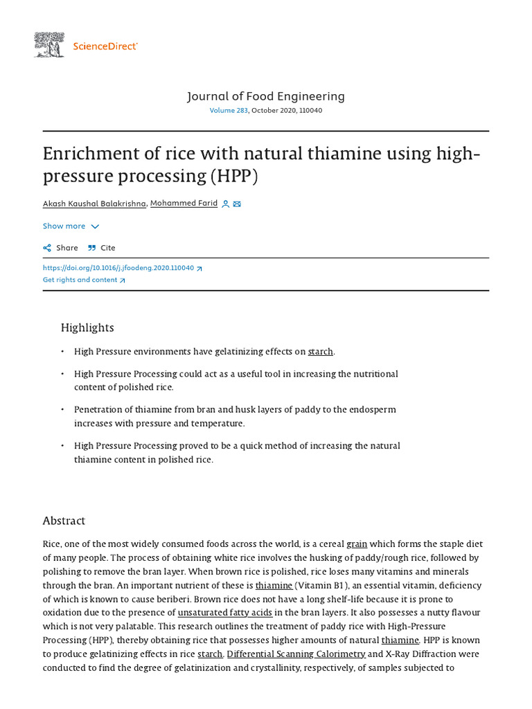 Enhancing Thiamine in Rice via HPP | PDF | Cooking, Food & Wine | Wellness