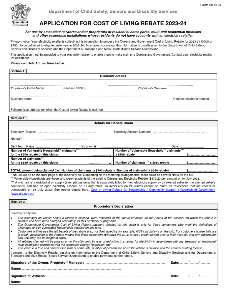531 Tax Application Cost of Living Rebate Embedded 2023 PDF Cost Of