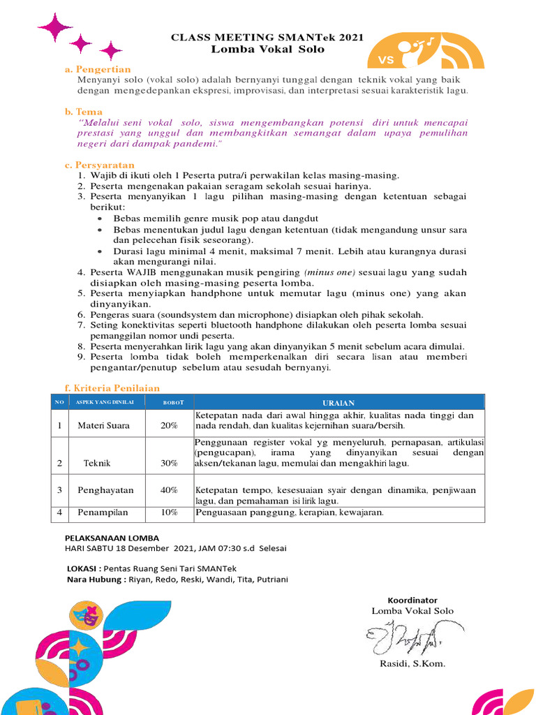 Lomba Vokal Solo SMANTek 2021 | PDF | Seni