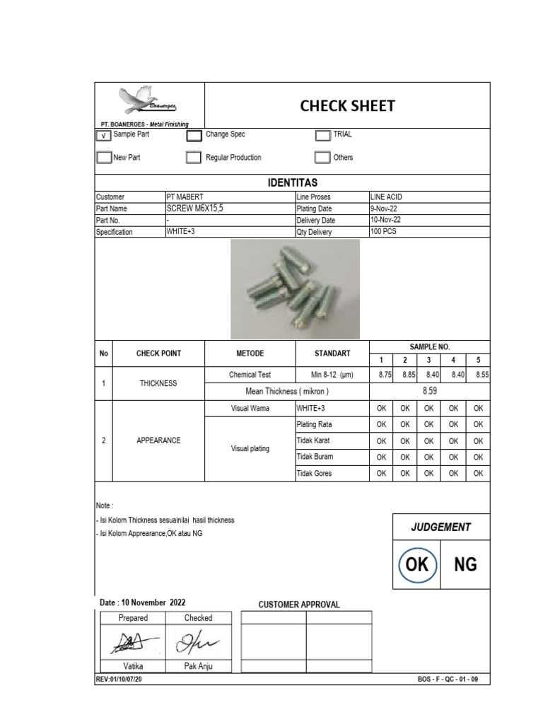 Checksheet SCREW M6X15.5 PDF Industrial Processes