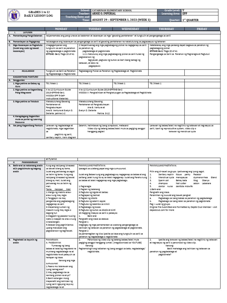 DLL - Epp 5 - Q1 - W1 | PDF