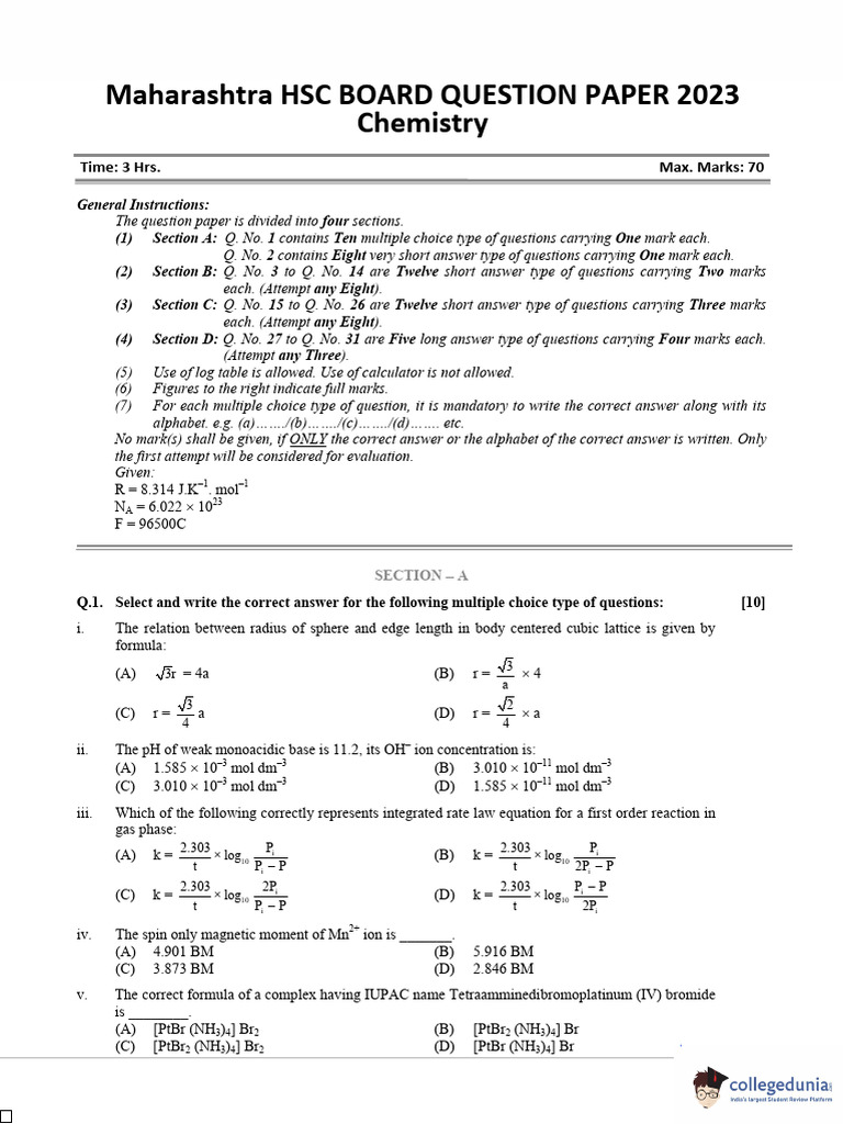 MP BOARD CLASS 12TH CHEMISTRY QUESTION PAPER 2023 PDF DOWNLOAD visual data 2