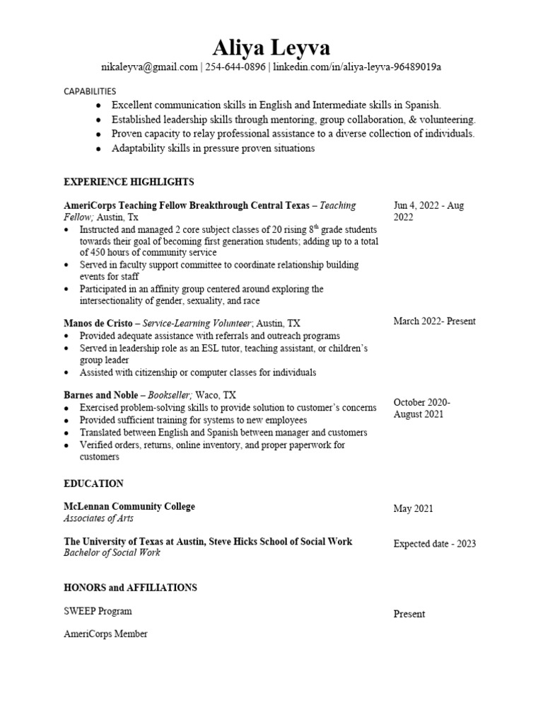 Aliya Leyva: Social Work Resume | PDF