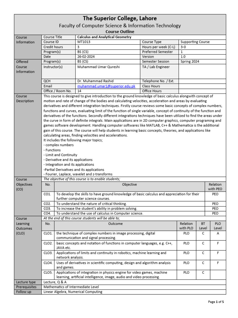 Cal-Course Outline | PDF | Complex Number | Function (Mathematics)
