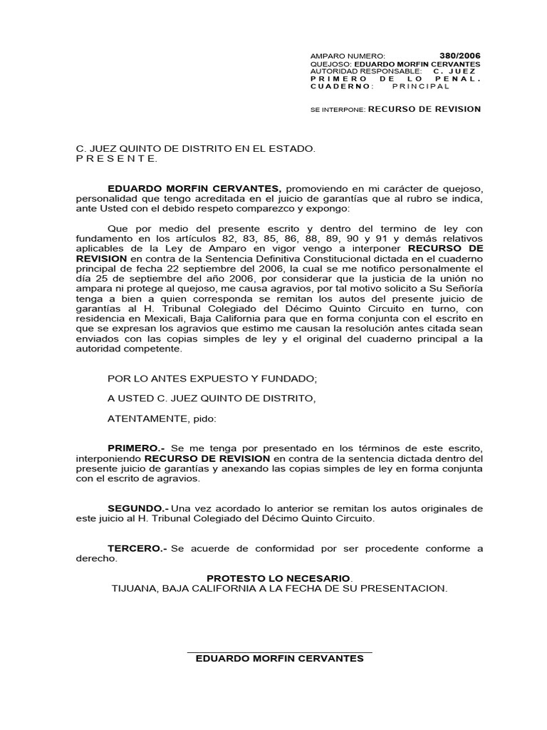 EDUARDO MORFIN CERVANTES - RECURSO REVISION Contra SENTENCIA DEFINITIVA