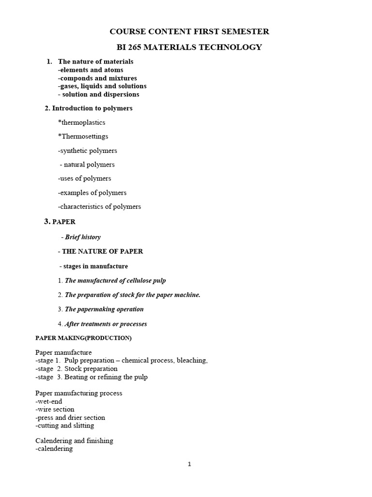 Materials Technology Course Overview | PDF | Paper | Pulp (Paper)