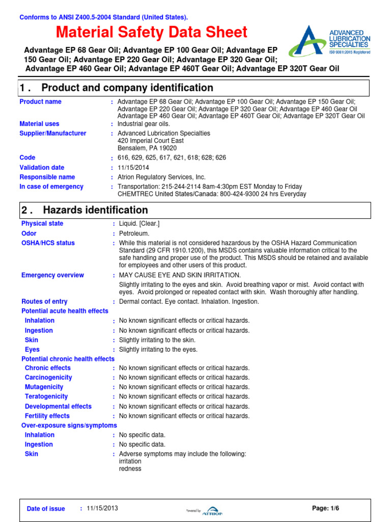 ADVANTAGE EP GEAR OILS Msds PDF Dangerous Goods Occupational