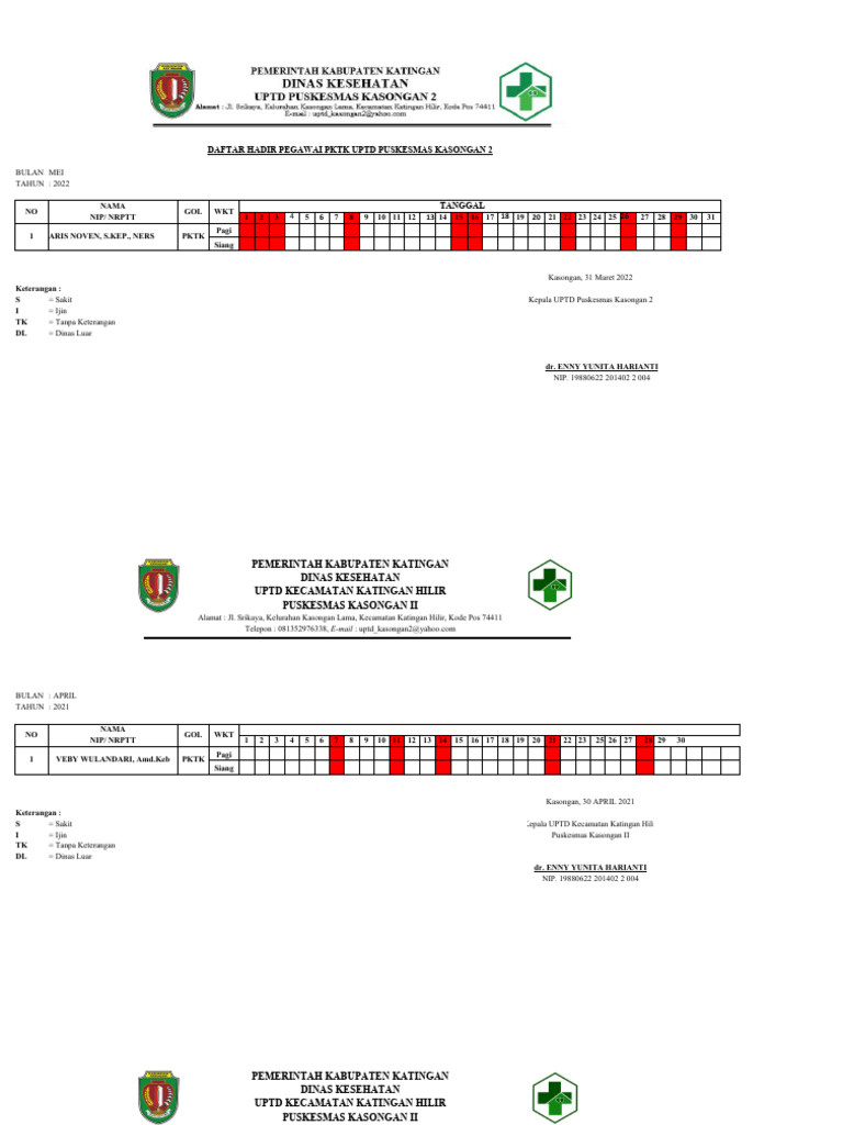 Daftar Hadir Pegawai PKTK Puskesmas Kasongan 2 | PDF