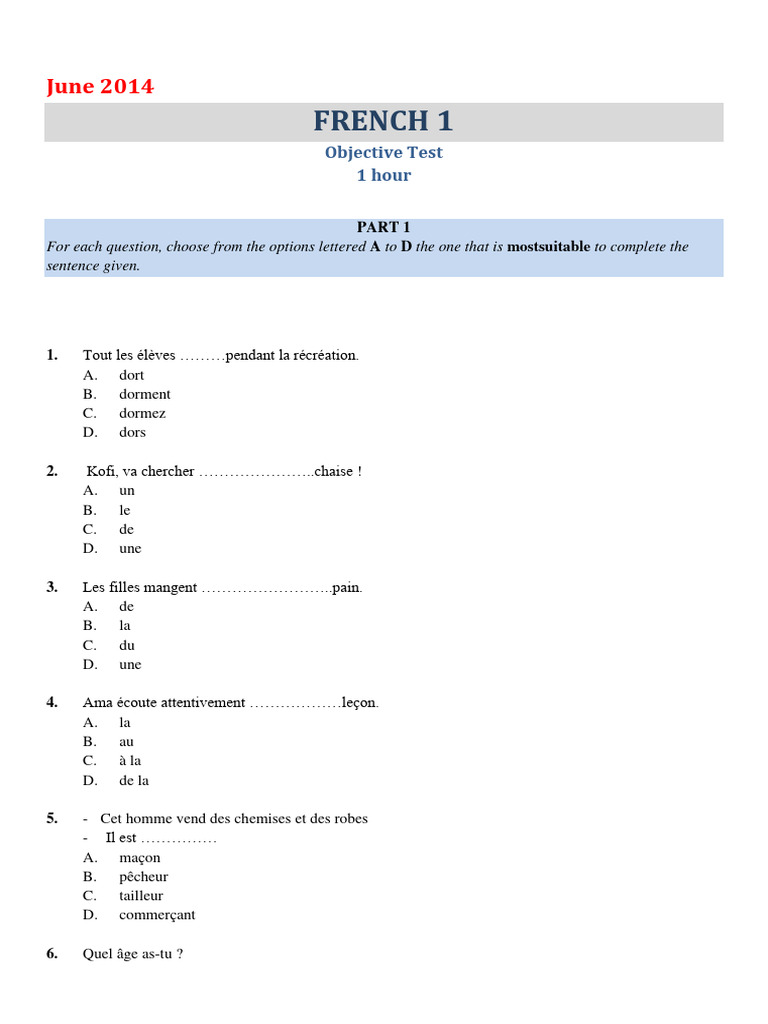 Examen de français 1 - Juin 2014 | PDF | Nourriture et boisson | Cuisine