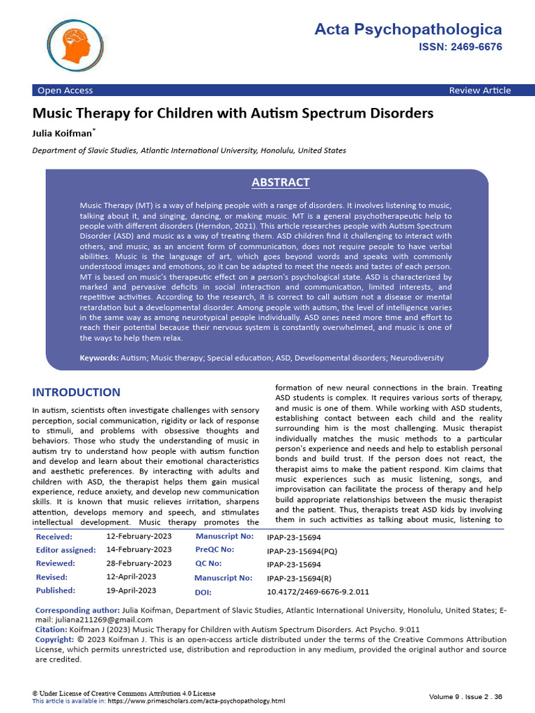 Music Therapy For Children With Autism Spectrum Disorders | PDF ...