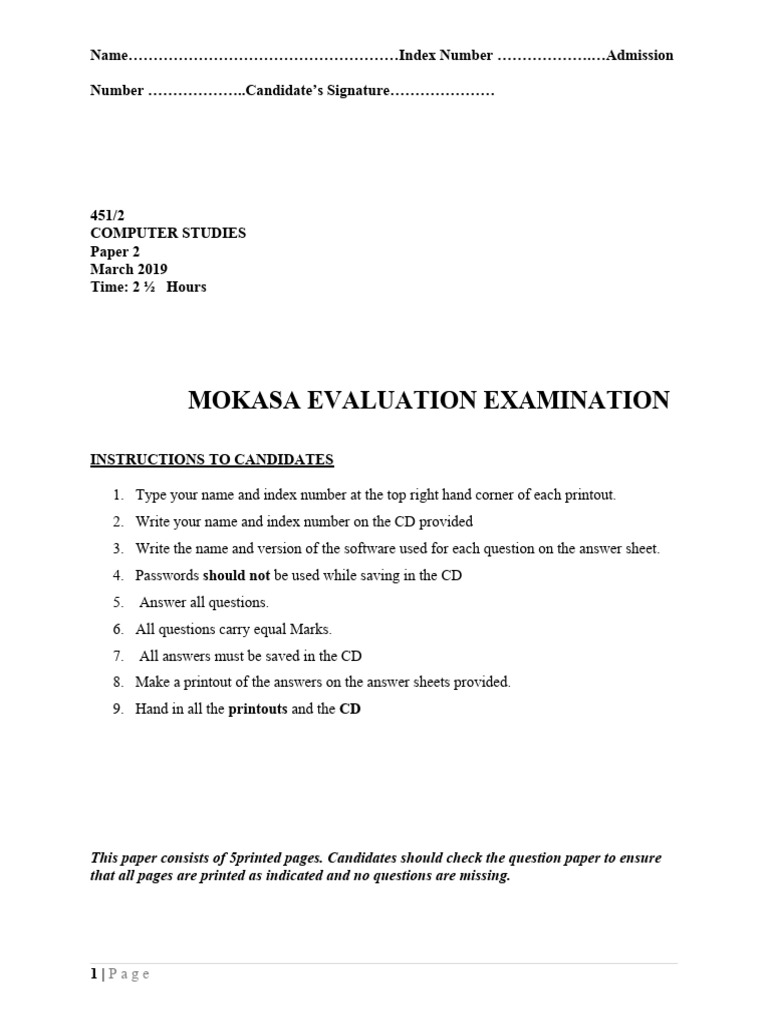 March 2019 Computer Studies Exam Pdf Spreadsheet Computing