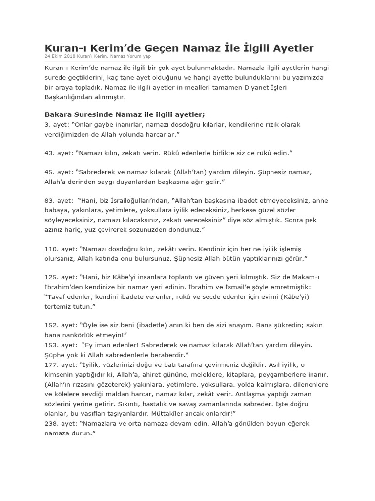 Kuranda Namaz Ile Ilgili Ayetler | PDF