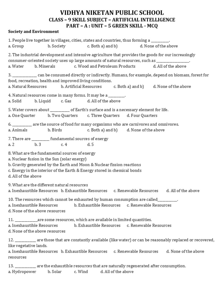 Class 9 ai part a unit 5 green skills qb pdf sustainability