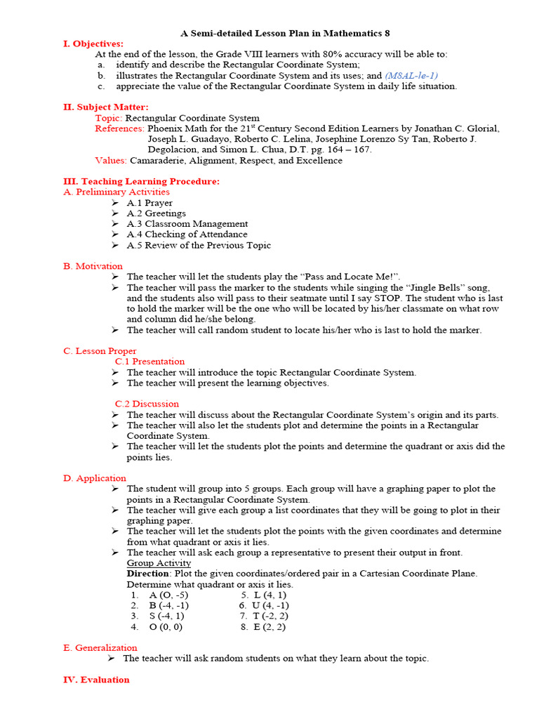 Grade 8 Lesson Plan: Coordinate Geometry | PDF | Cartesian Coordinate ...