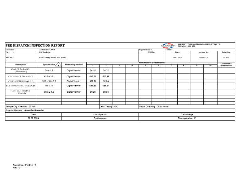 Pre Dispatch Inspection Report for ASHOK LEYLAND | PDF