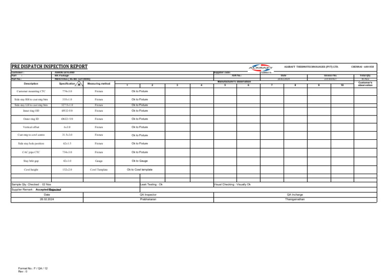 Pre Dispatch Inspection Report Format | PDF | Technology & Engineering