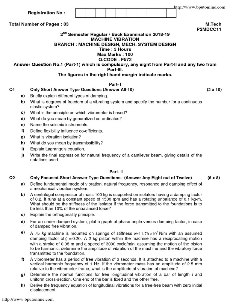 M.Tech Machine Vibration Exam Paper 2018-19 | PDF | Physics | Physical ...
