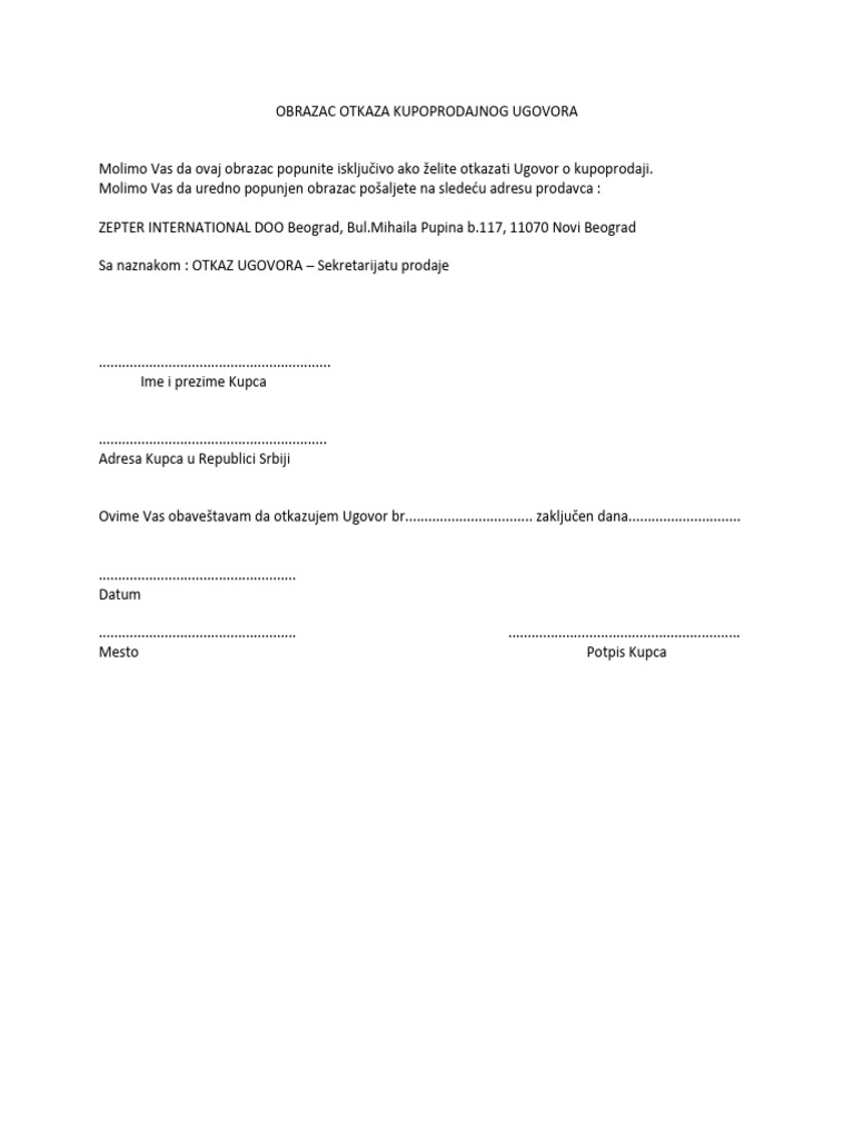 Obrazac Otkaza Kupoprodajnog Ugovora | PDF