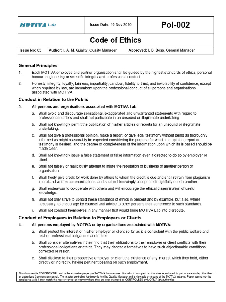 MOTIVA Lab Code of Ethics | PDF | Conflict Of Interest | Integrity