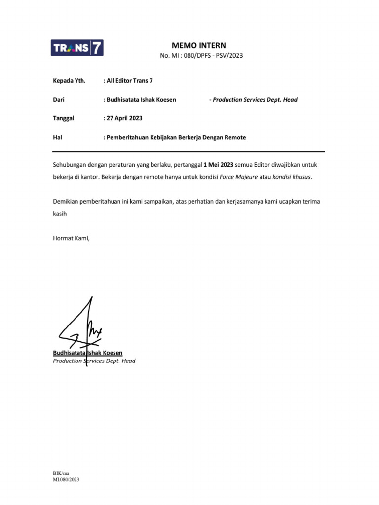 080 - Pemberitahuan Kebijakan Bekerja Editor Trans7-1 | PDF