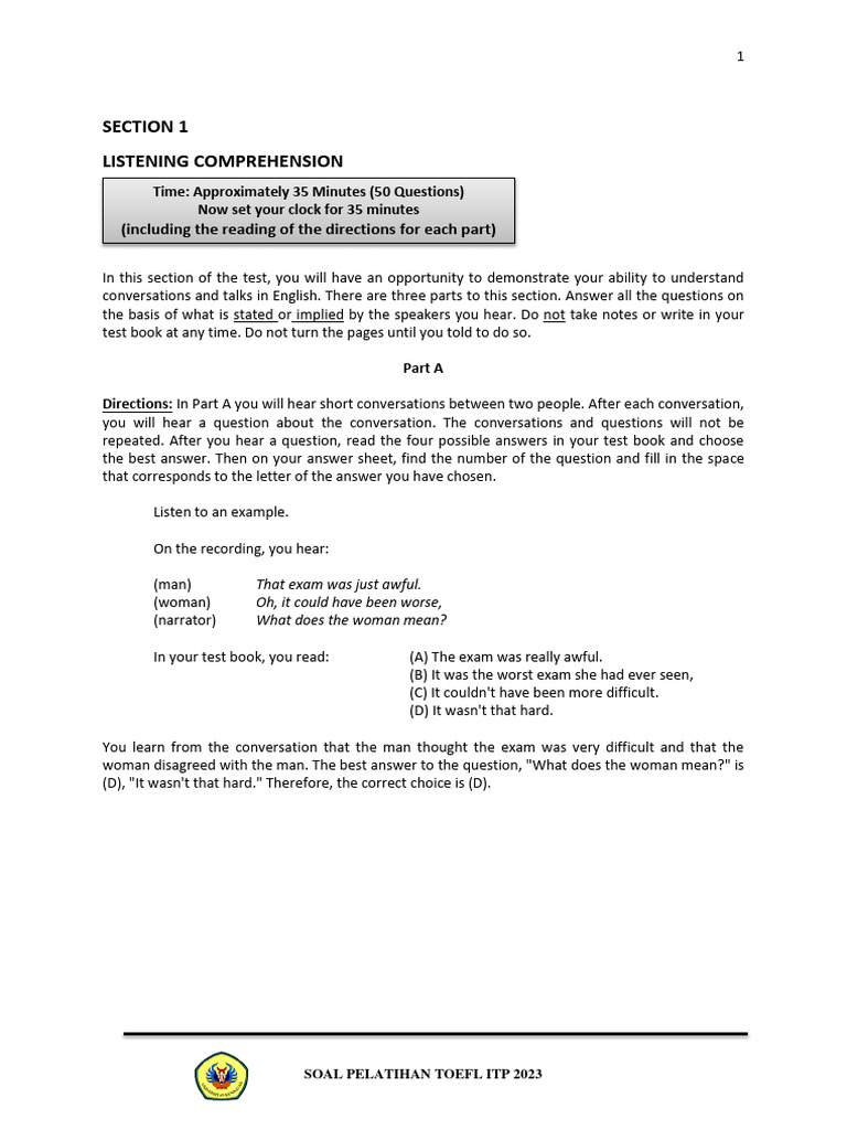 Soal pelatihan toefl itp 2023 1 pdf conversation test of english