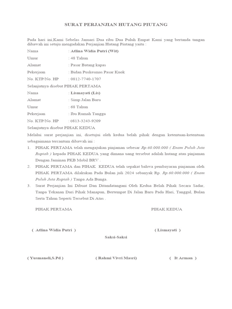 Surat Perjanjian Hutang Piutang Doc Pdf