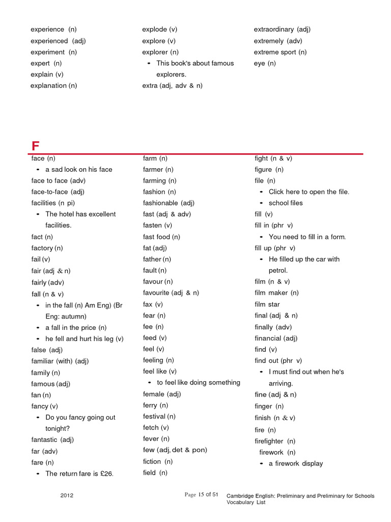 Vocabulary list cambridge letter f pdf